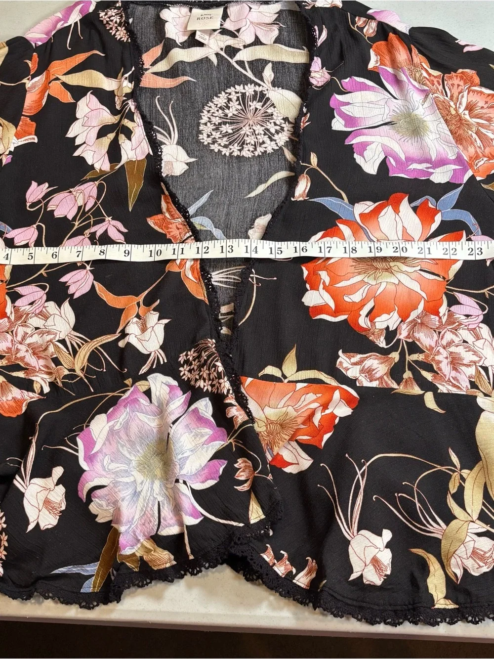 Knox Rose Open Kimono Cardigan Cover Up Sz XL Black Floral Boho 3/4 Bell Sleeve